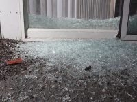 Glass from a shattered sliding glass door a home invader broke